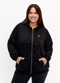 Quilted sports cardigan with hood, Black, Model