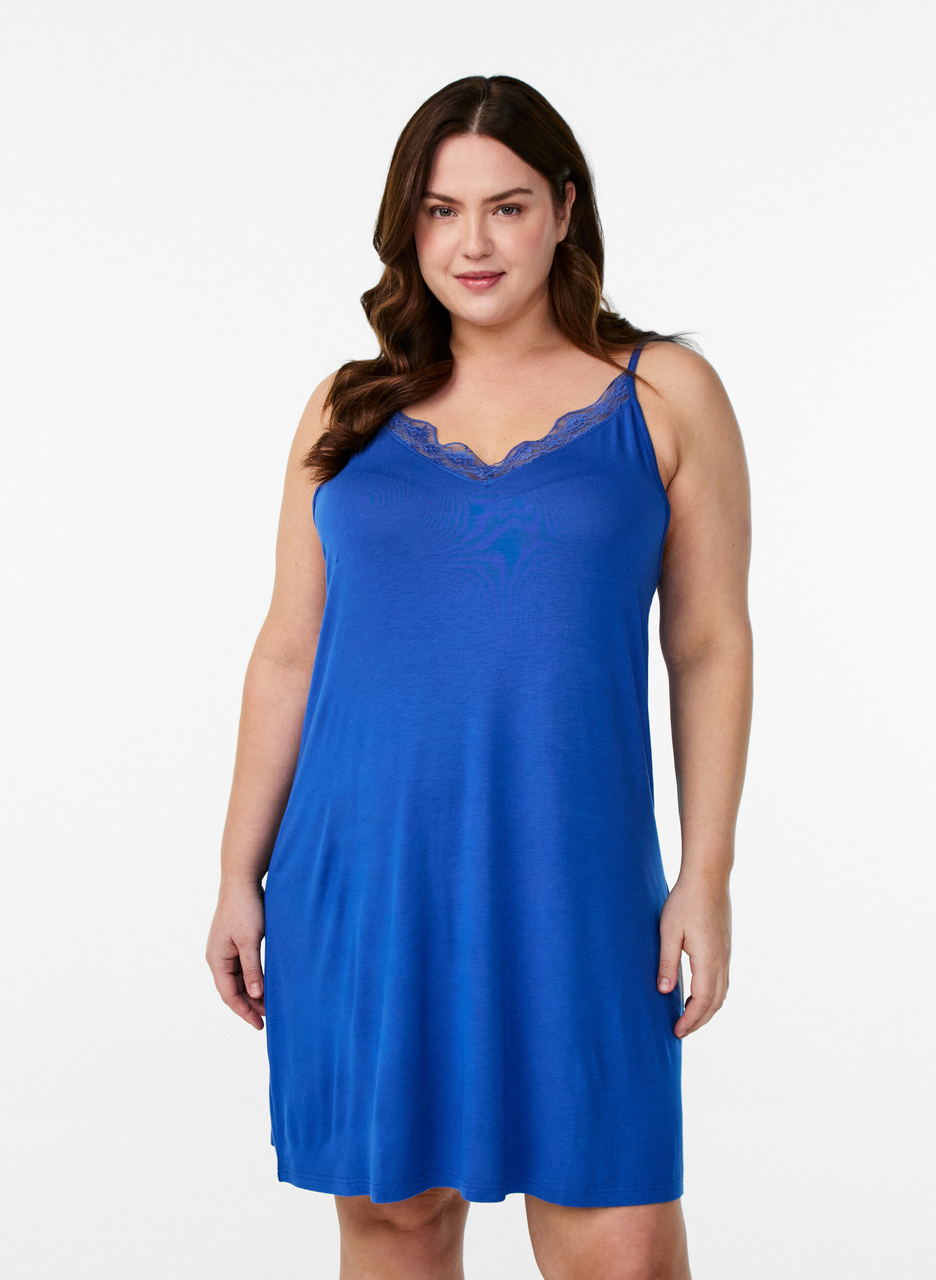 Viscose nightgown with lace trim, Blue, Model