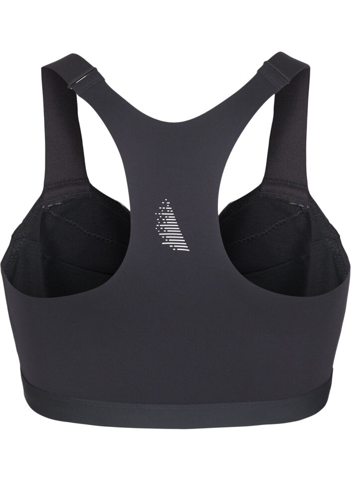 Sports bra with a front closure and high support, Black, Packshot