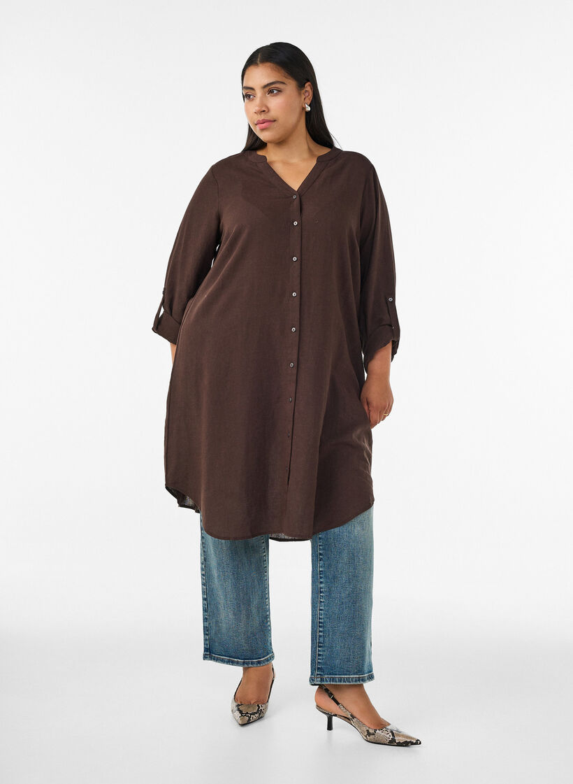 Long shirt in linen and viscose, Brown, Model image number 0