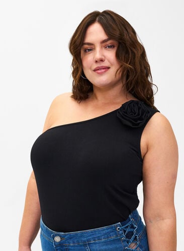 One-shoulder top with rose, Black, Model image number 0
