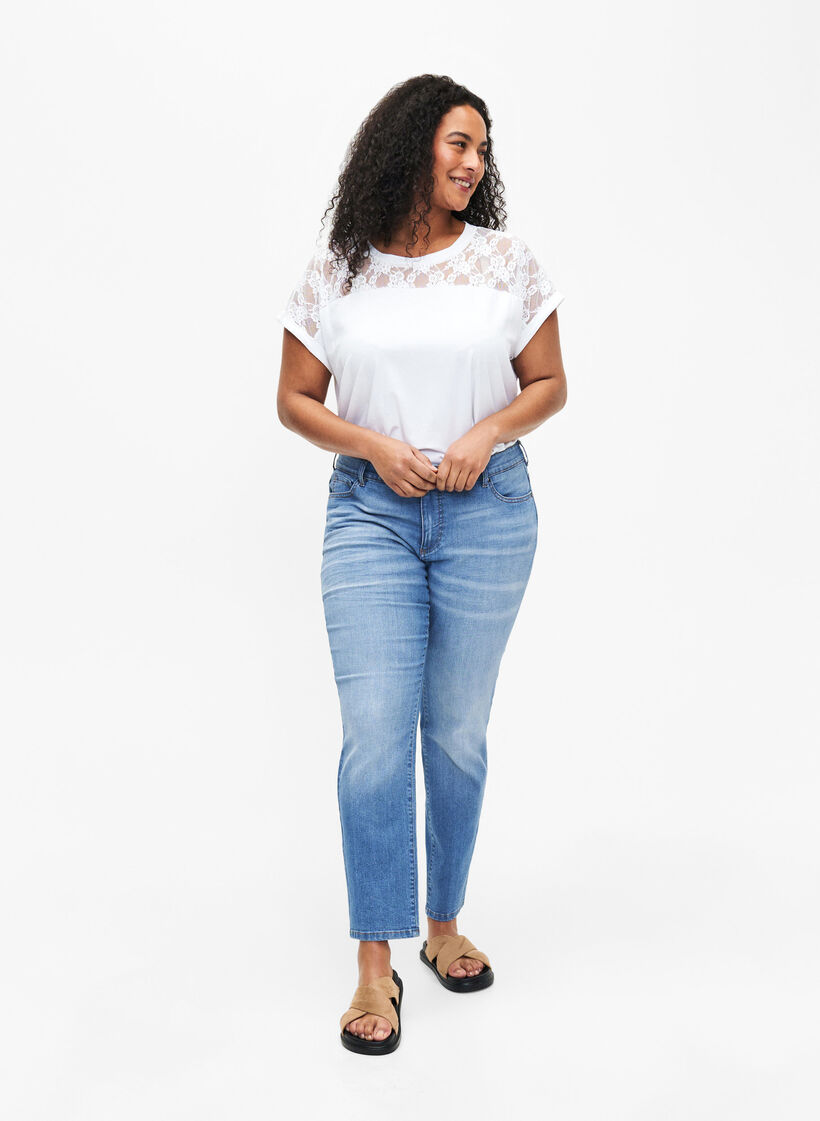 Short-sleeved cotton t-shirt with lace, Bright White, Model image number 1