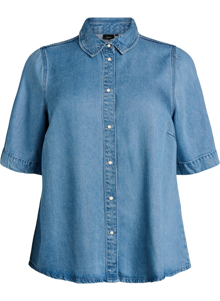 Short-sleeved denim-look lyocell shirt, Light Blue, Packshot image number 0