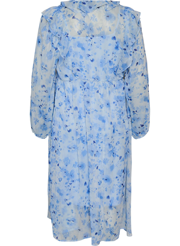 Floral chiffon dress with ruffles and long sleeves, Blue, Packshot image number 1