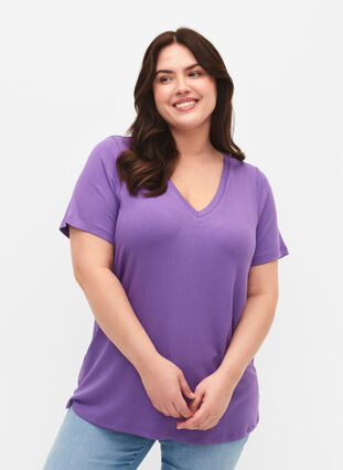 Ribbed viscose T-shirt with v-neck, Deep Lavender, Model image number 0