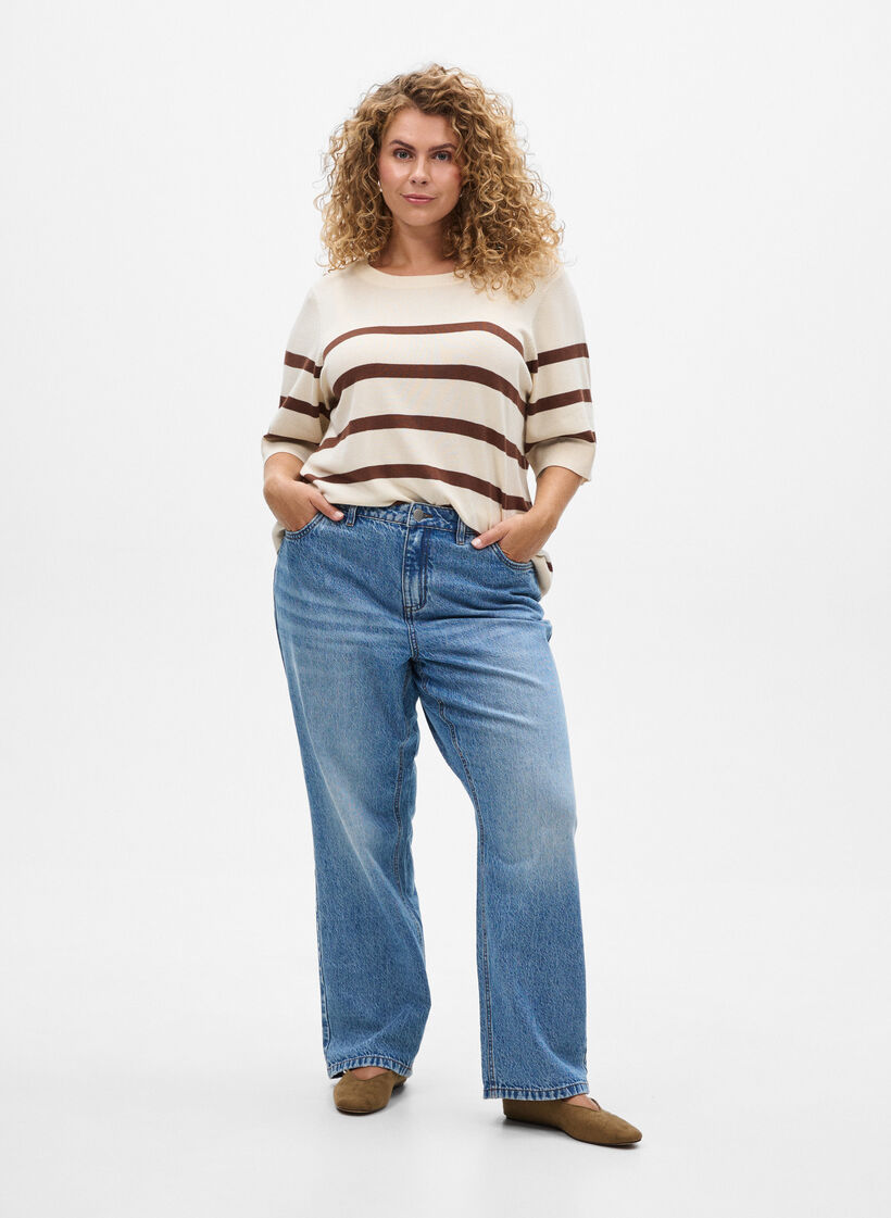 Striped knit top with short sleeves, Beige, Model image number 1