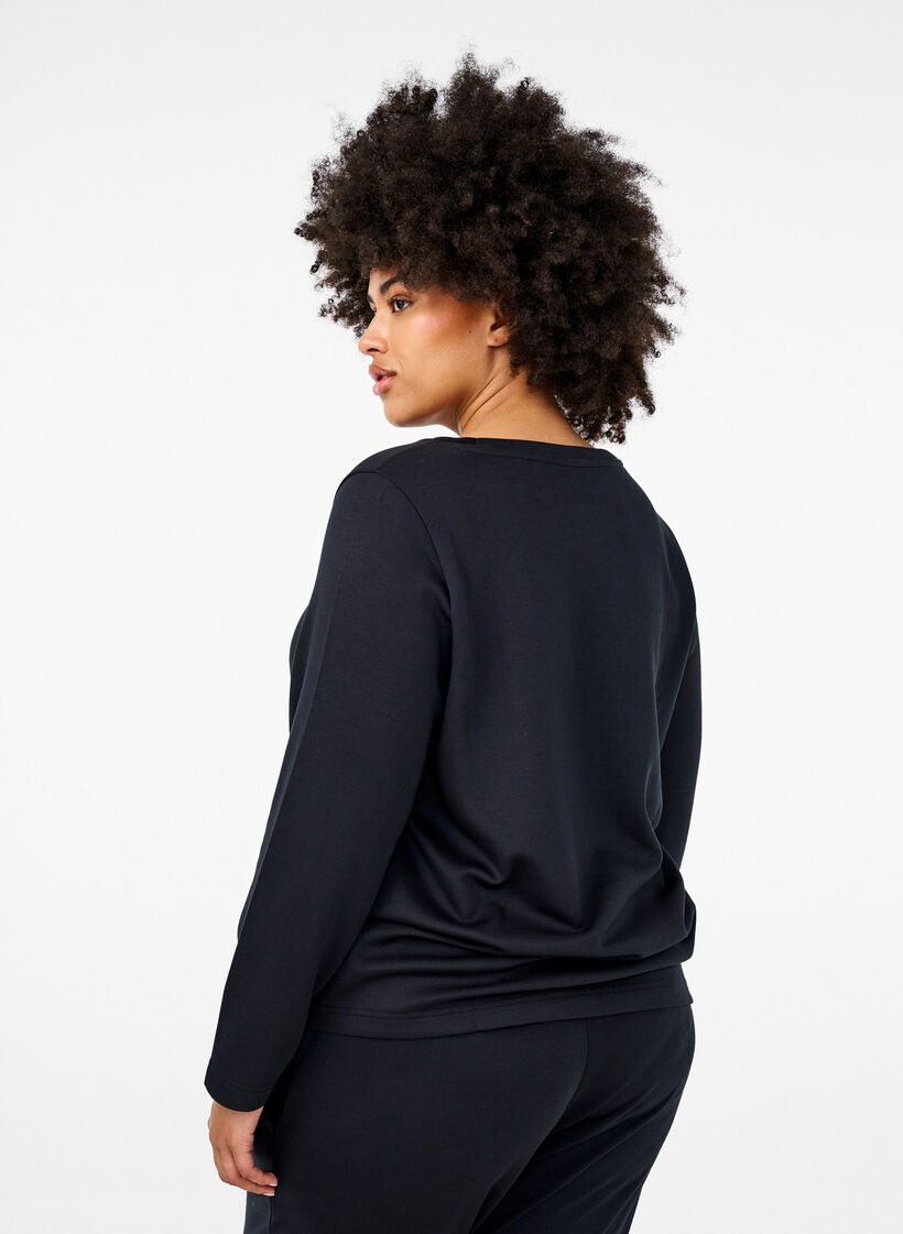 Modal blend blouse with a round neck, Black, Model image number 2
