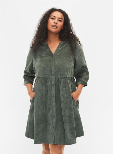 Velvet dress with 3/4-length sleeves and buttons, Deep Forest, Model image number 0