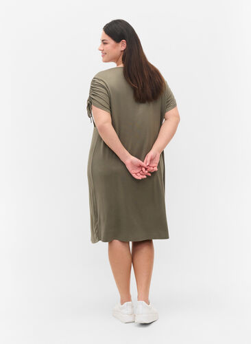 Short sleeved viscose dress with tie detail, Dusty Olive, Model image number 1