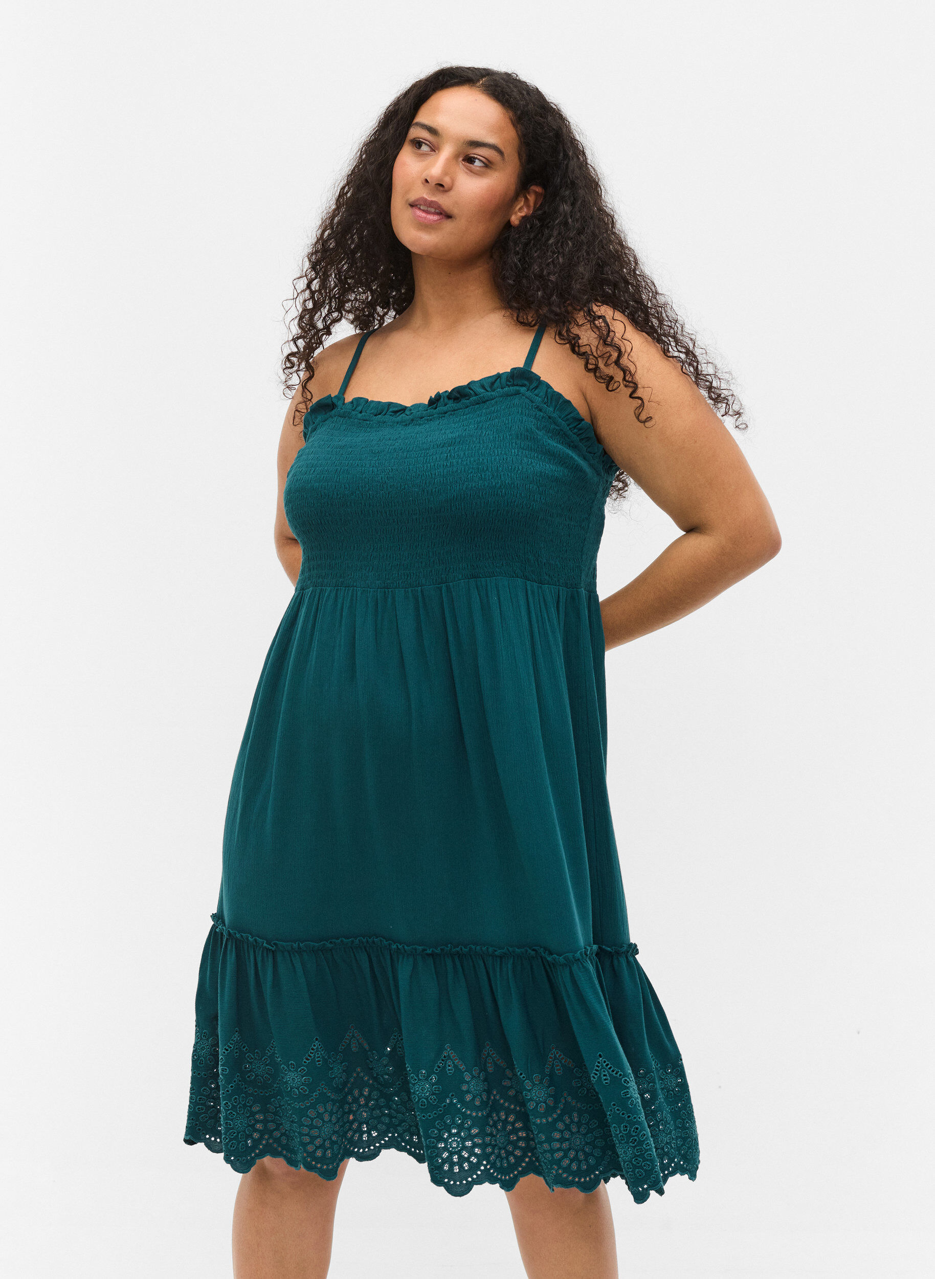 Zizzifashion Viscose smock beach dress with embroidery anglaise, Deep Teal, Model image number 0