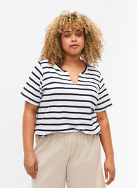 Striped cotton t-shirt with v-neck, Bright White Stripe, Model