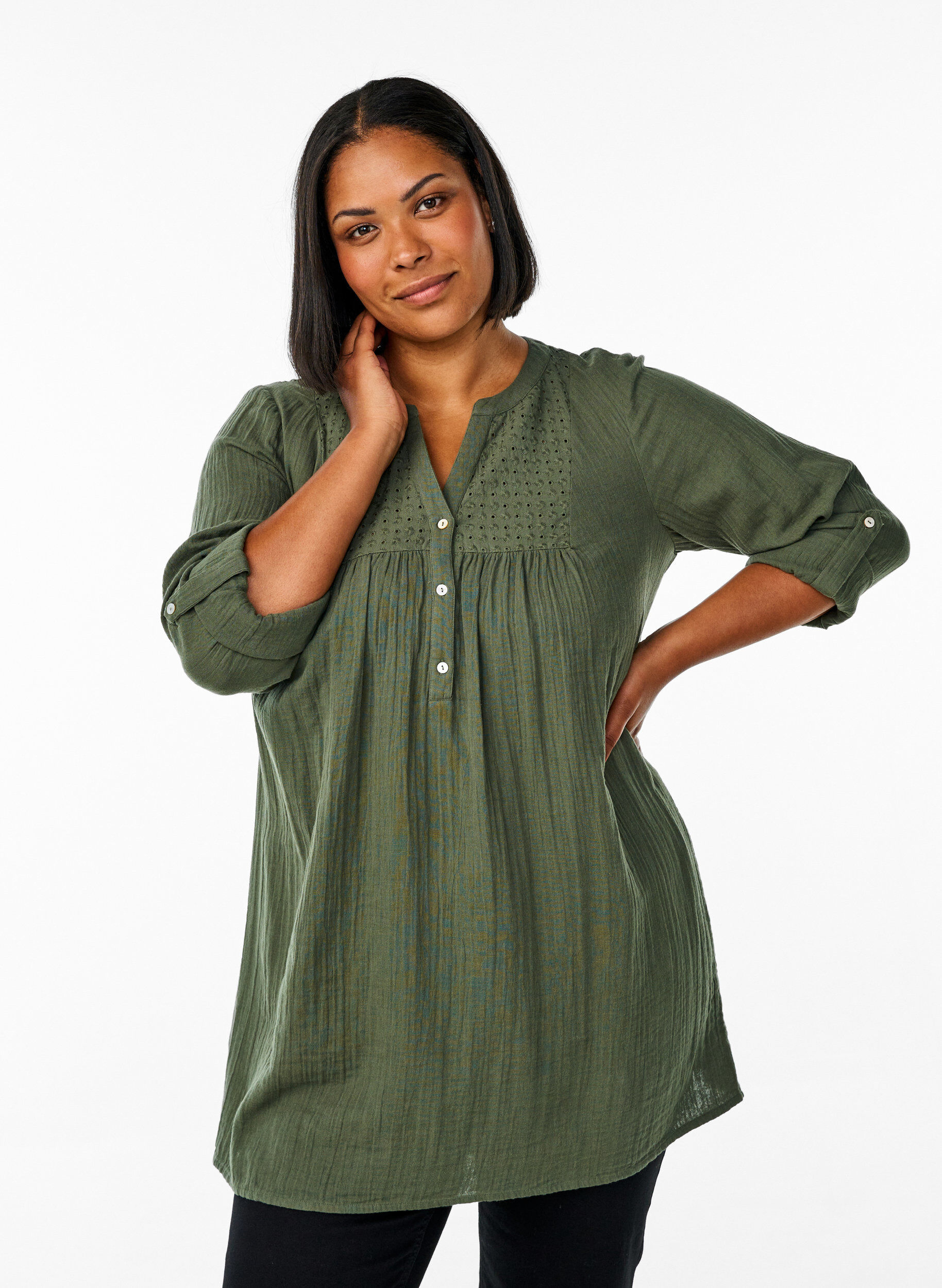ZizzifashionCotton muslin tunic with broderie anglaise, Green, Model image number 0