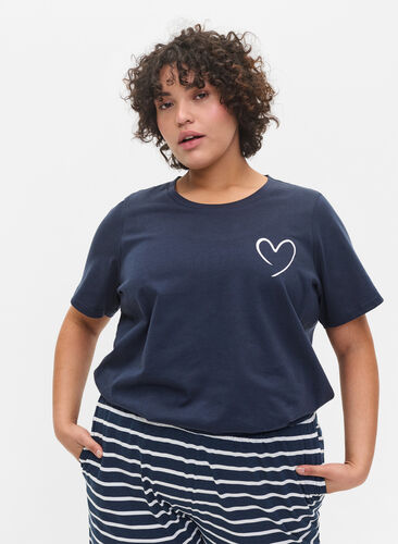 Short sleeved pyjama t-shirt in cotton, Navy Blazer w. Heart, Model image number 0