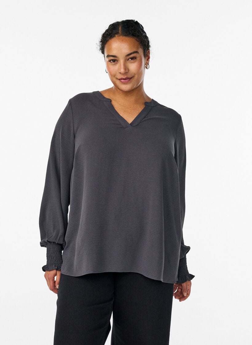 Blouse with smock cuffs and V-neck, Dark Grey, Model image number 0