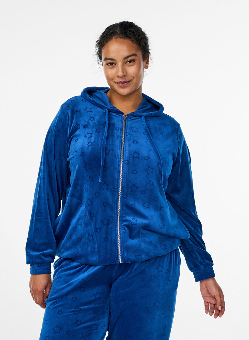 Hooded velour cardigan with pockets, Blue, Model image number 0