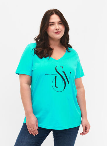 Cotton t-shirt with print, Turquoise SUN, Model image number 0