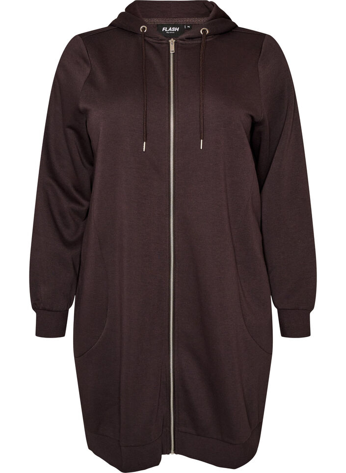 Long hoodie with zip and pockets, Brown, Packshot image number 0