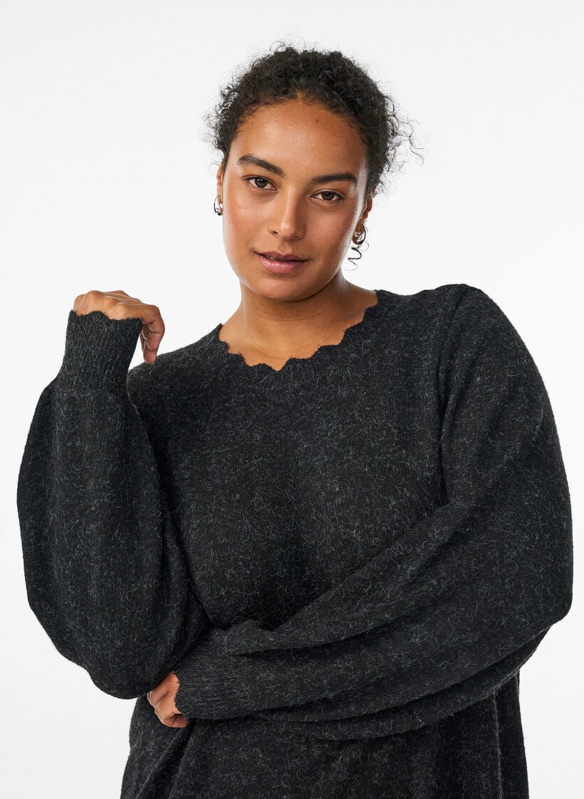 Short knitted dress with wavy hem and slits, Dark Grey, Model image number 2