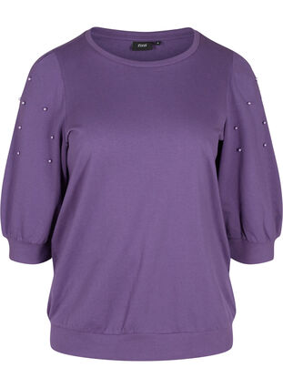 Sweatshirt with balloon sleeves and pearls, Loganberry, Packshot image number 0
