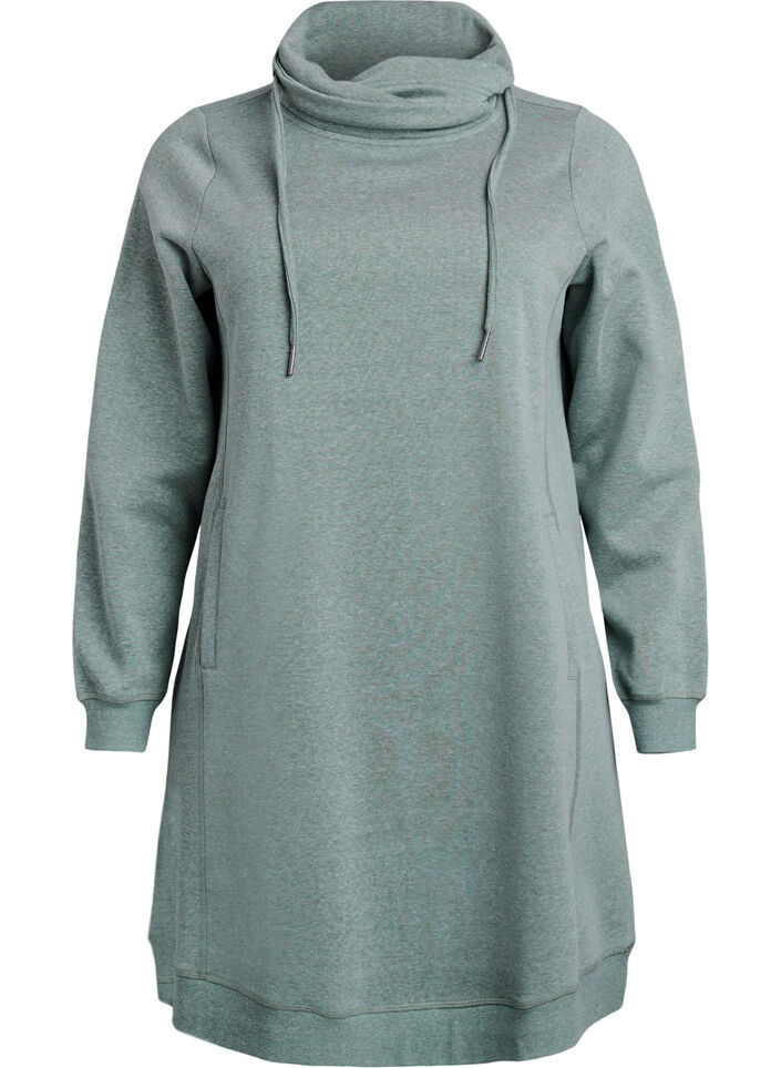 FLASH - Short sweatshirt dress with high collar and pockets, Green, Packshot image number 0