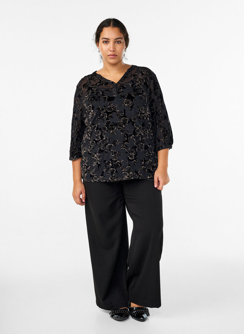 Mesh blouse with velour roses and 3/4 sleeves, Black, Model image number 1