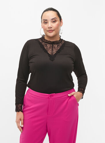 Blouse with lace and long sleeves, Black, Model image number 0