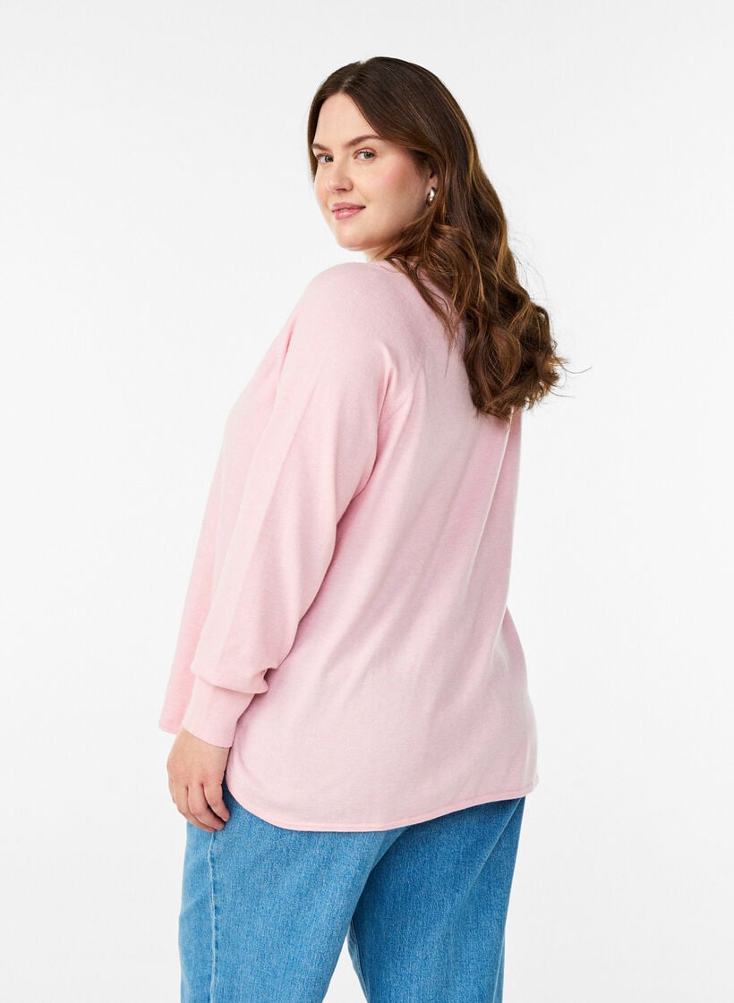 Fine-knit blouse with v-neck and front detail, Pink, Model image number 2