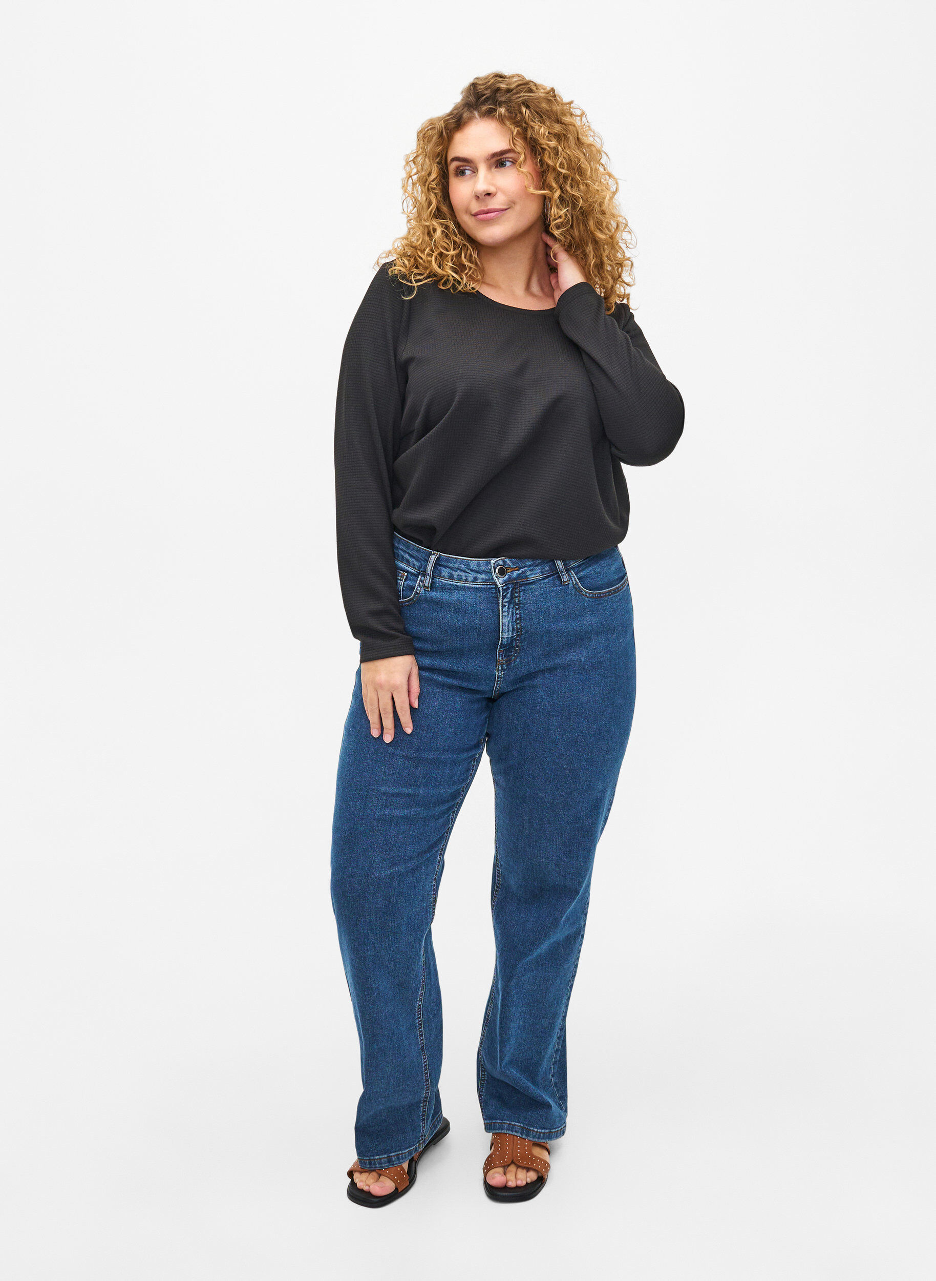 Zizzifashion Textured A-line blouse, Black, Model image number 2