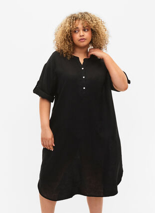 Short-sleeved dress in 100% linen, Black, Model image number 0