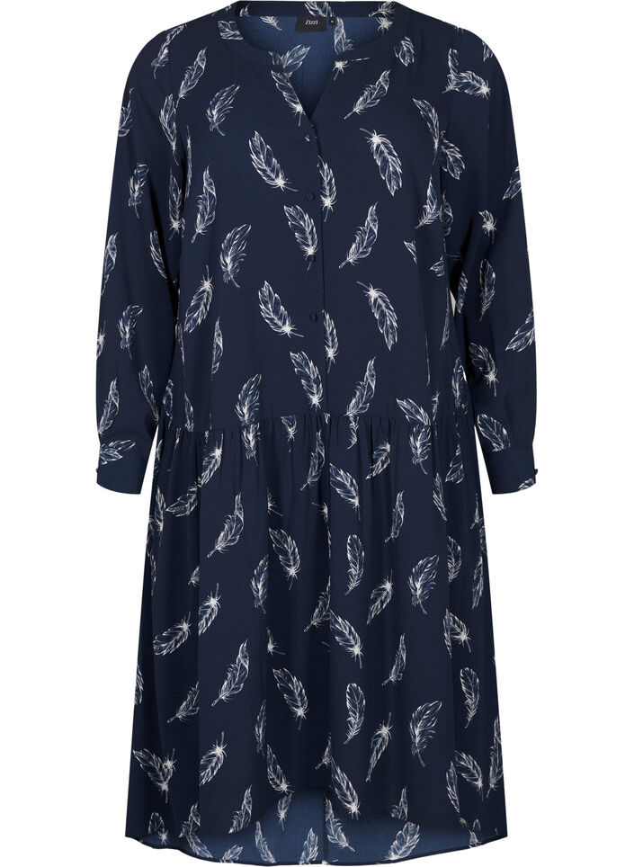 Midi dress with long sleeves, Navy B. Feather AOP, Packshot image number 0