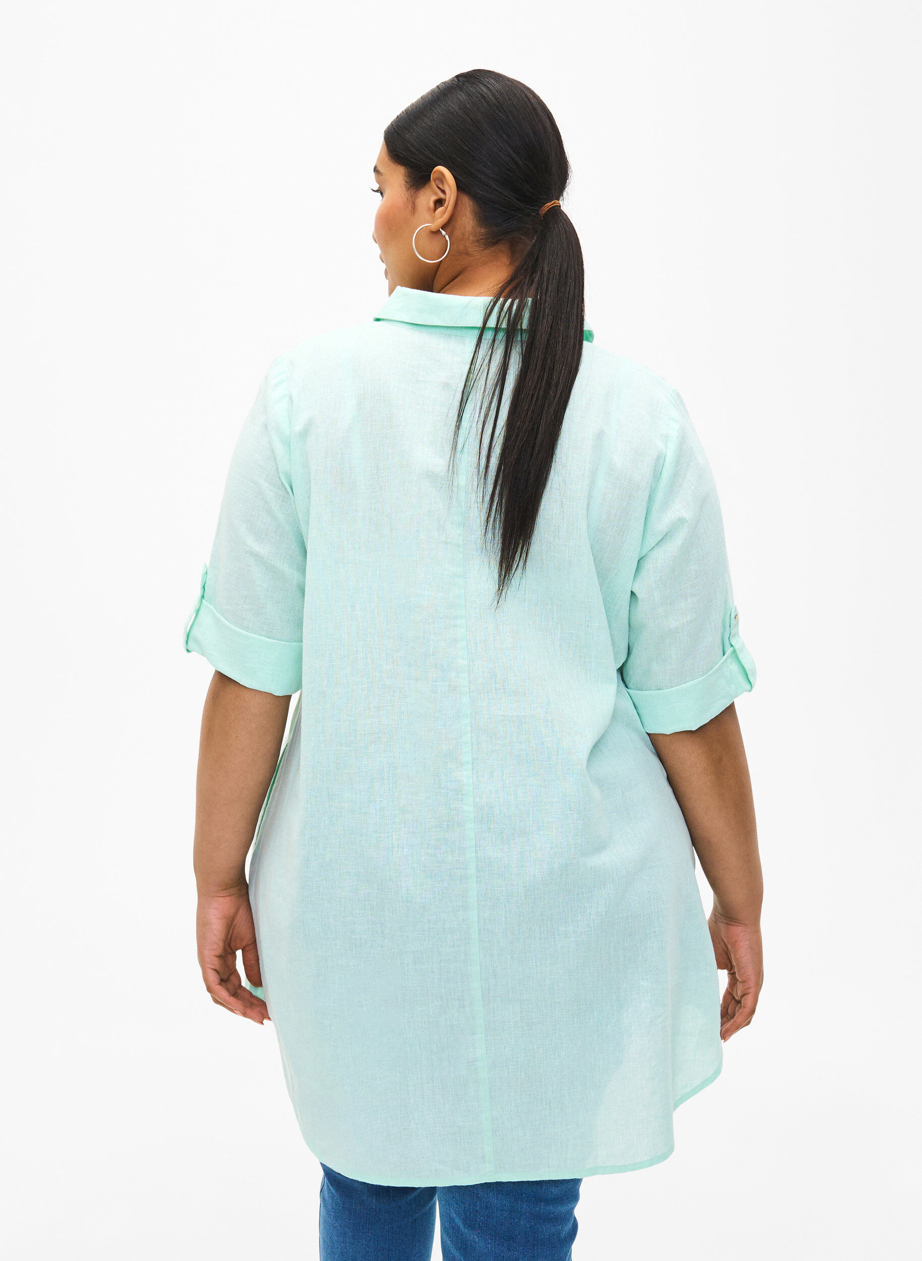 Zizzifashion Short-sleeved cotton blend tunic with linen, Brook Green, Model image number 1