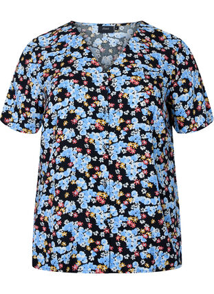 Printed pyjama top in viscose, Black Blue Flower, Packshot image number 0