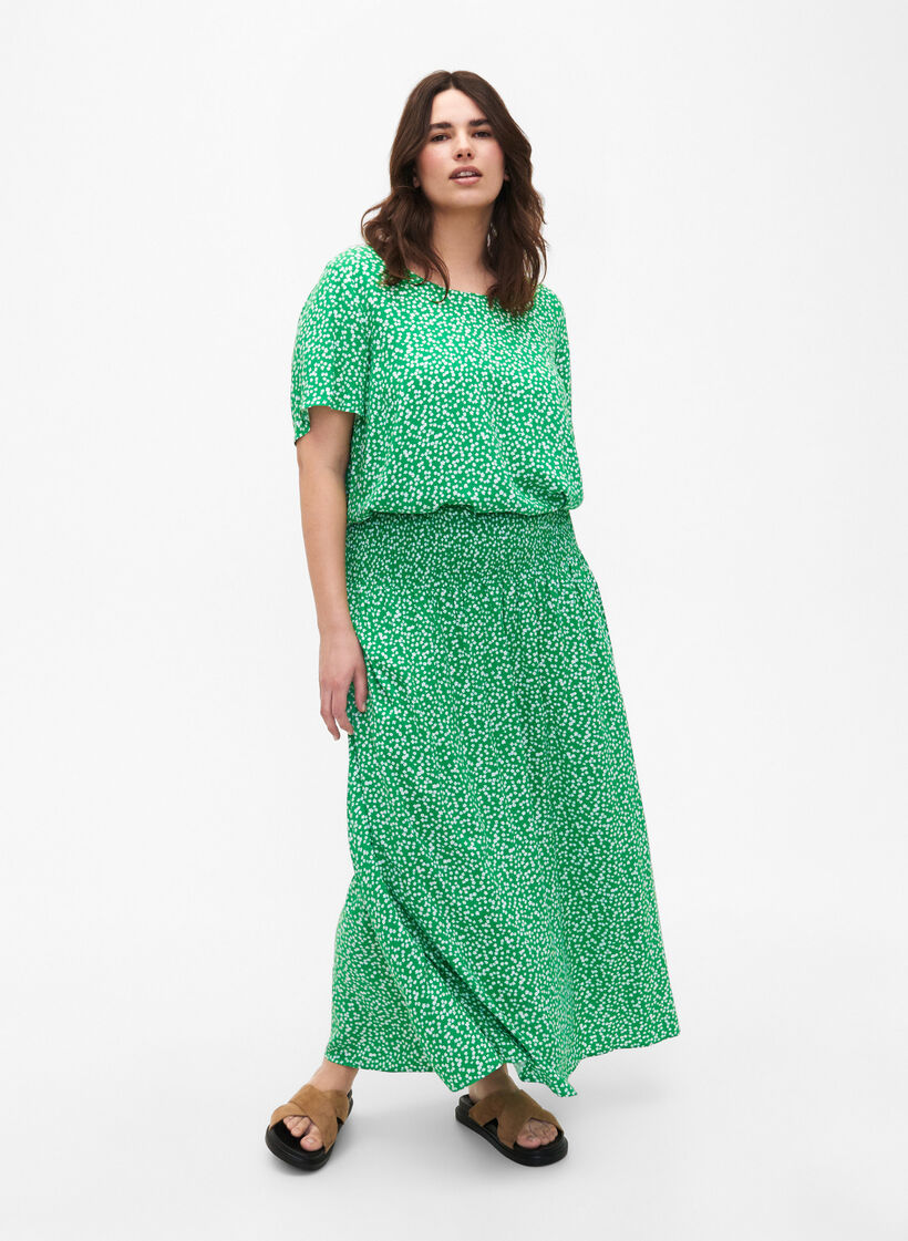 FLASH - Viscose maxi skirt with smocking, Green, Model image number 1