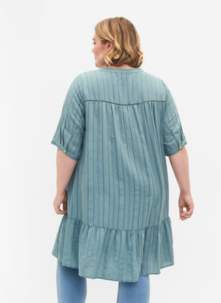 Striped viscose dress with lace ribbons, Smoke Blue, Model image number 1