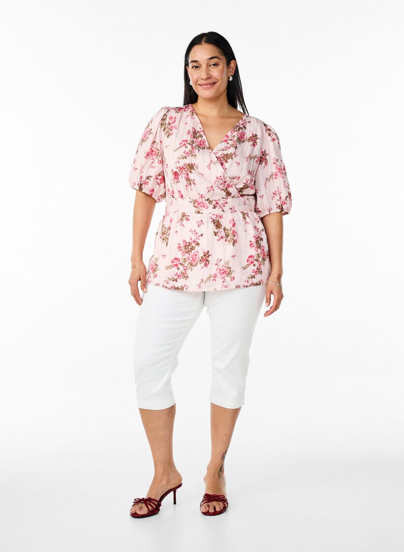 Floral blouse with short sleeves and smocked waist, Pink, Model image number 1
