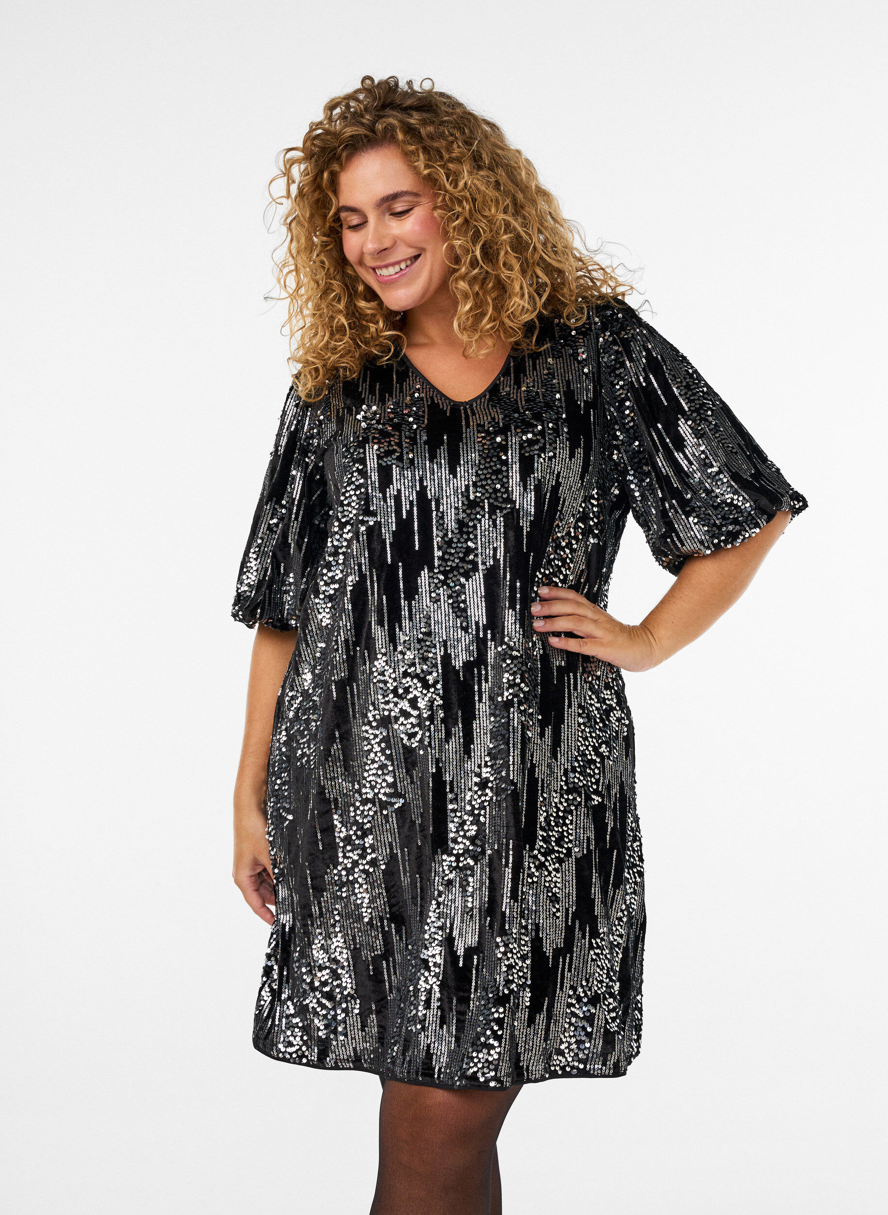 ZizzifashionShort sequin dress with balloon sleeves, Black, Model image number 2