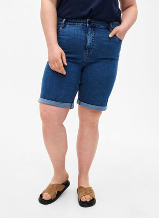Tight fitting denim shorts with a high waist, Blue Denim, Model image number 2