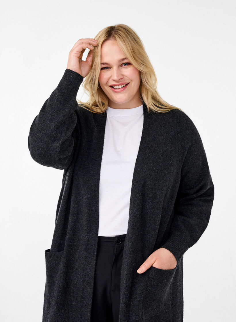 Long knitted cardigan with pockets, Dark Grey Melange, Model image number 2