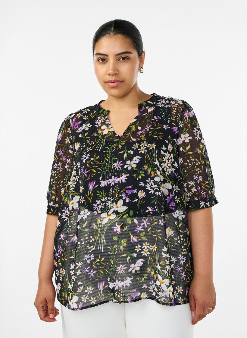 Blouse with floral print and V-neck, Black, Model image number 0