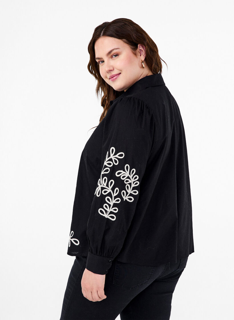 Loose cotton shirt with embroidery, Black, Model image number 1