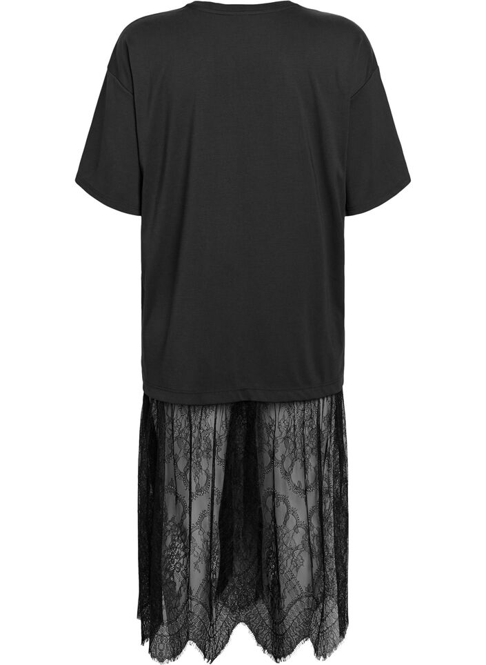 Jersey T-shirt dress with a lace layer, Black, Packshot image number 1