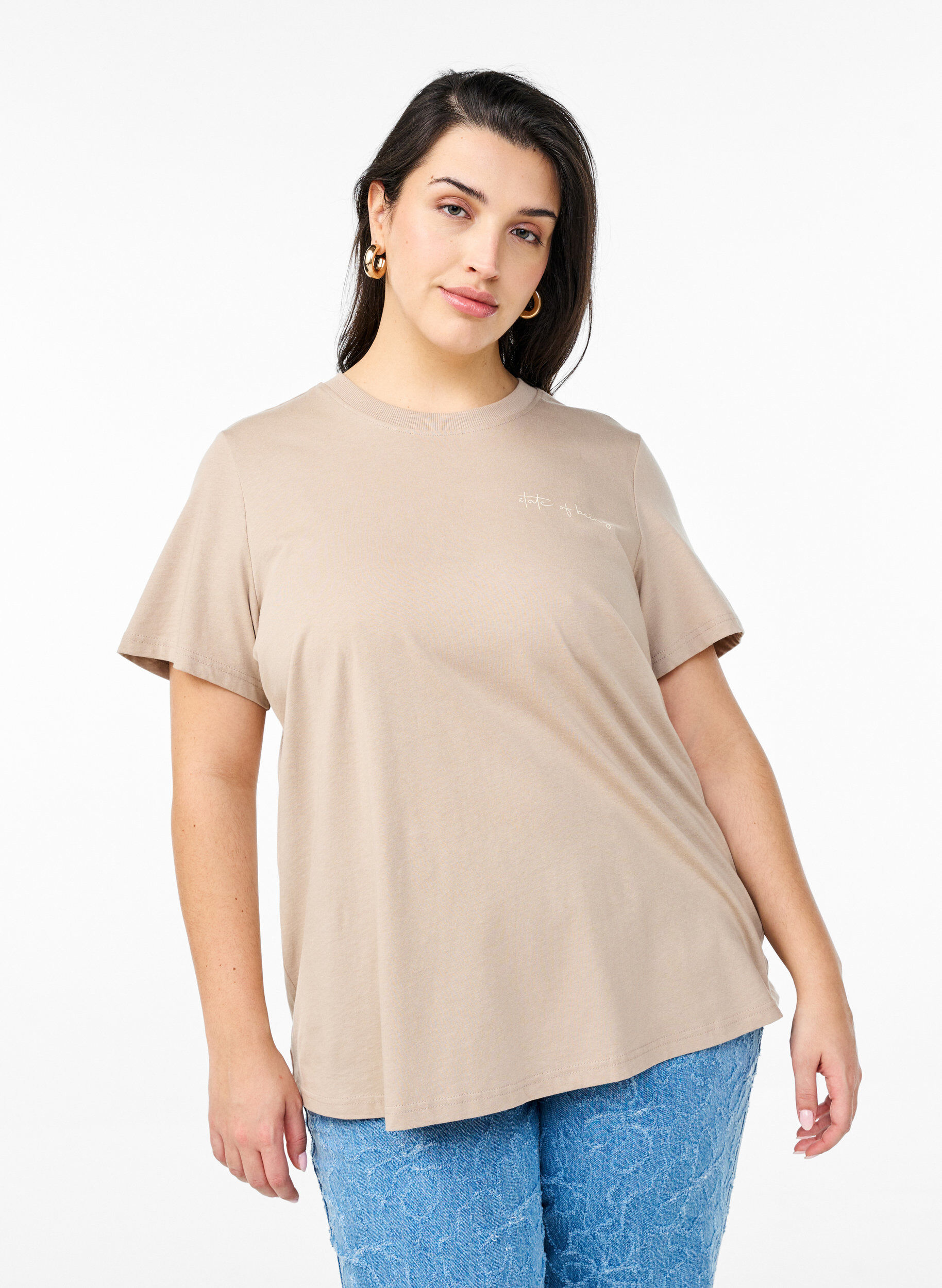 ZizzifashionT-shirt with text print and round neck, Brown, Model image number 0