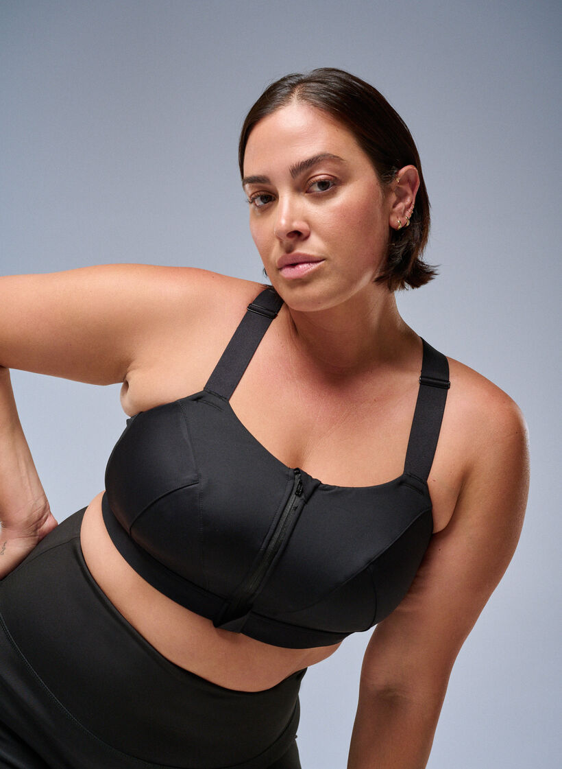 Sports bra with a front closure and high support, Black, Image