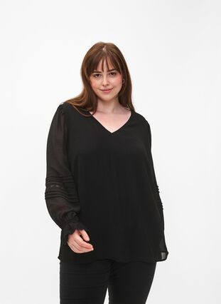 V-neck blouse with ruffle sleeves, Black, Model image number 0