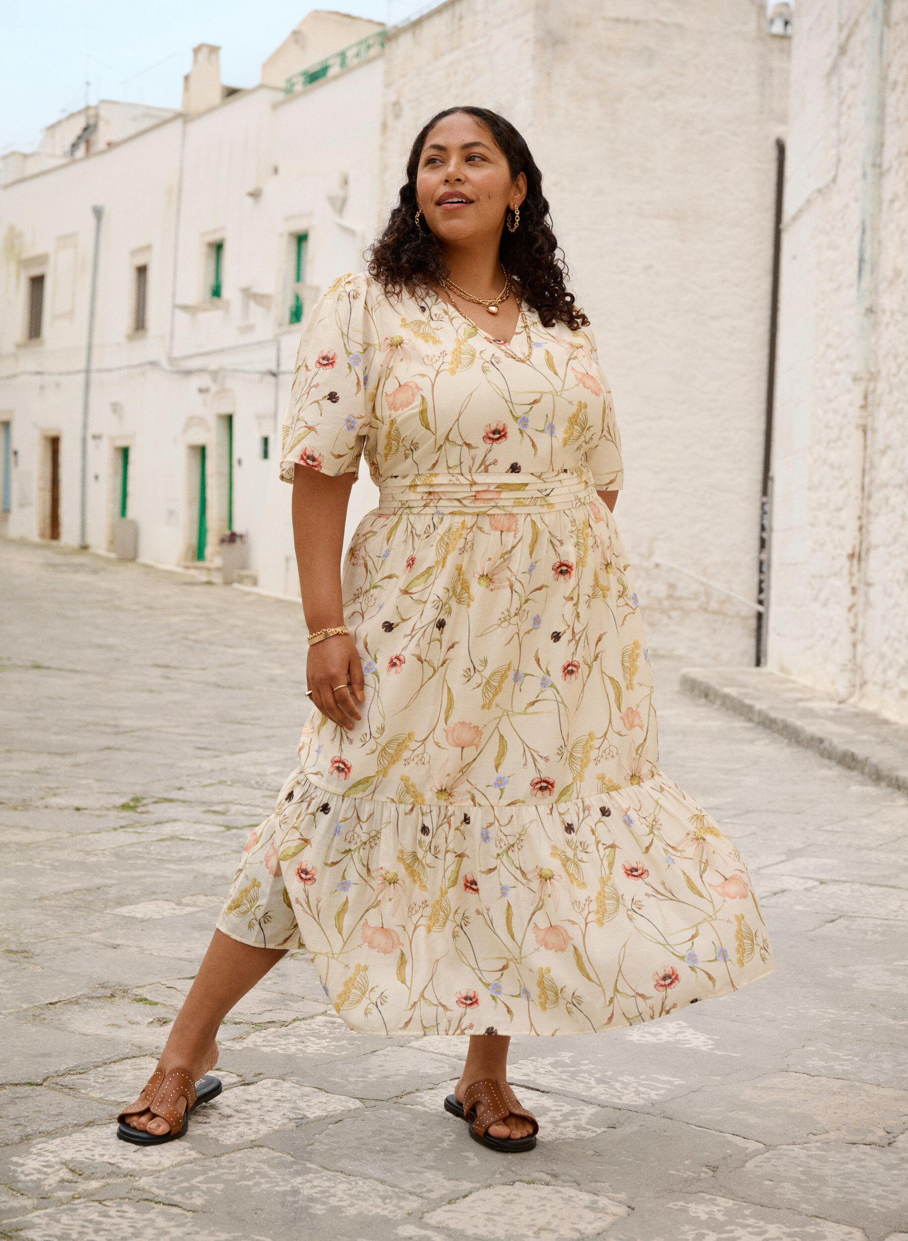 ZizzifashionFloral midi dress with an A-line shape, Beige, Image image number 0