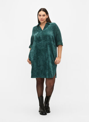 Velvet dress with 3/4-length sleeves and buttons, Deep Teal, Model image number 2