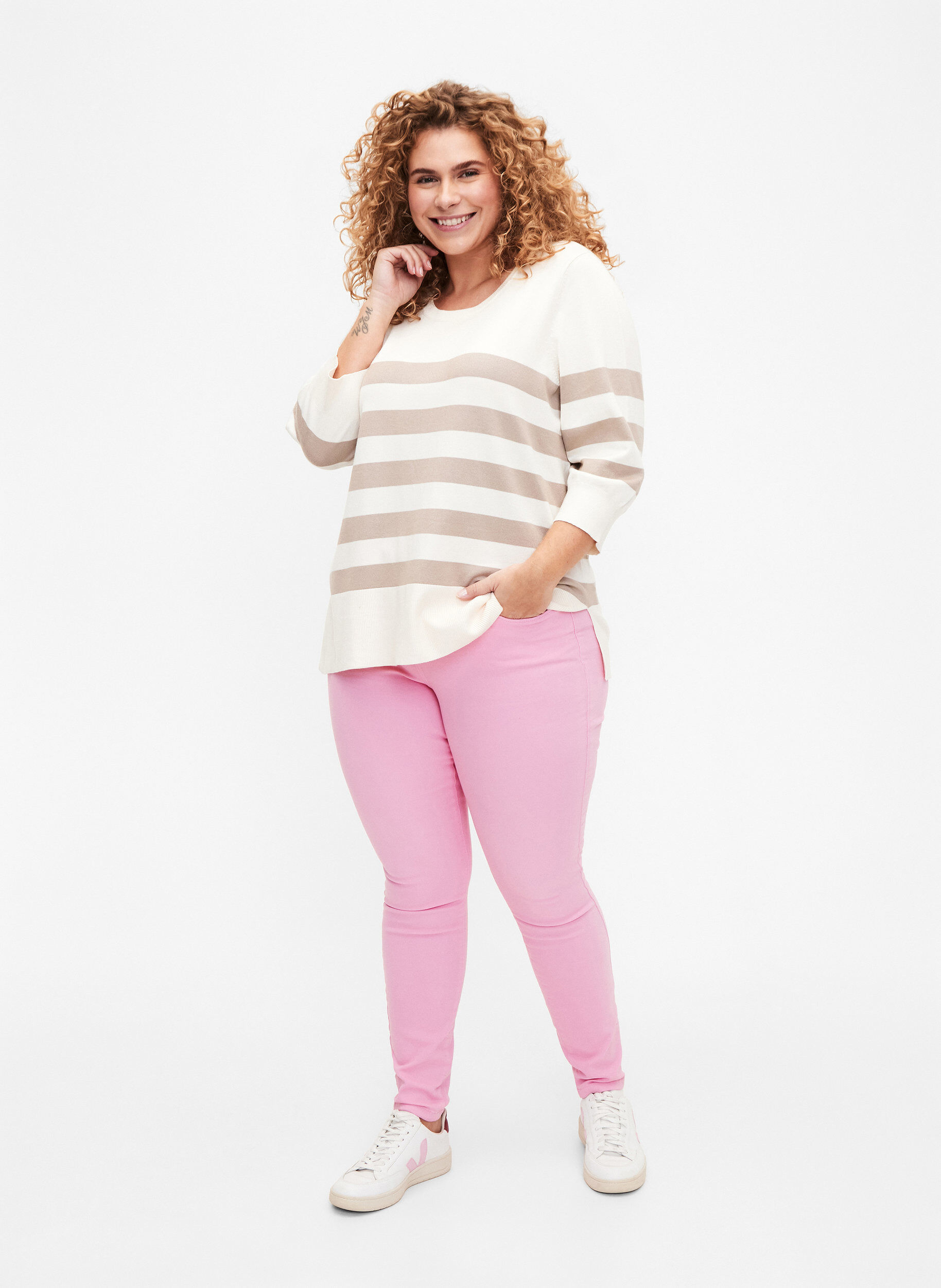Zizzifashion Striped viscose pullover with 3/4 sleeves, Birch/Simply Taupe, Model image number 2