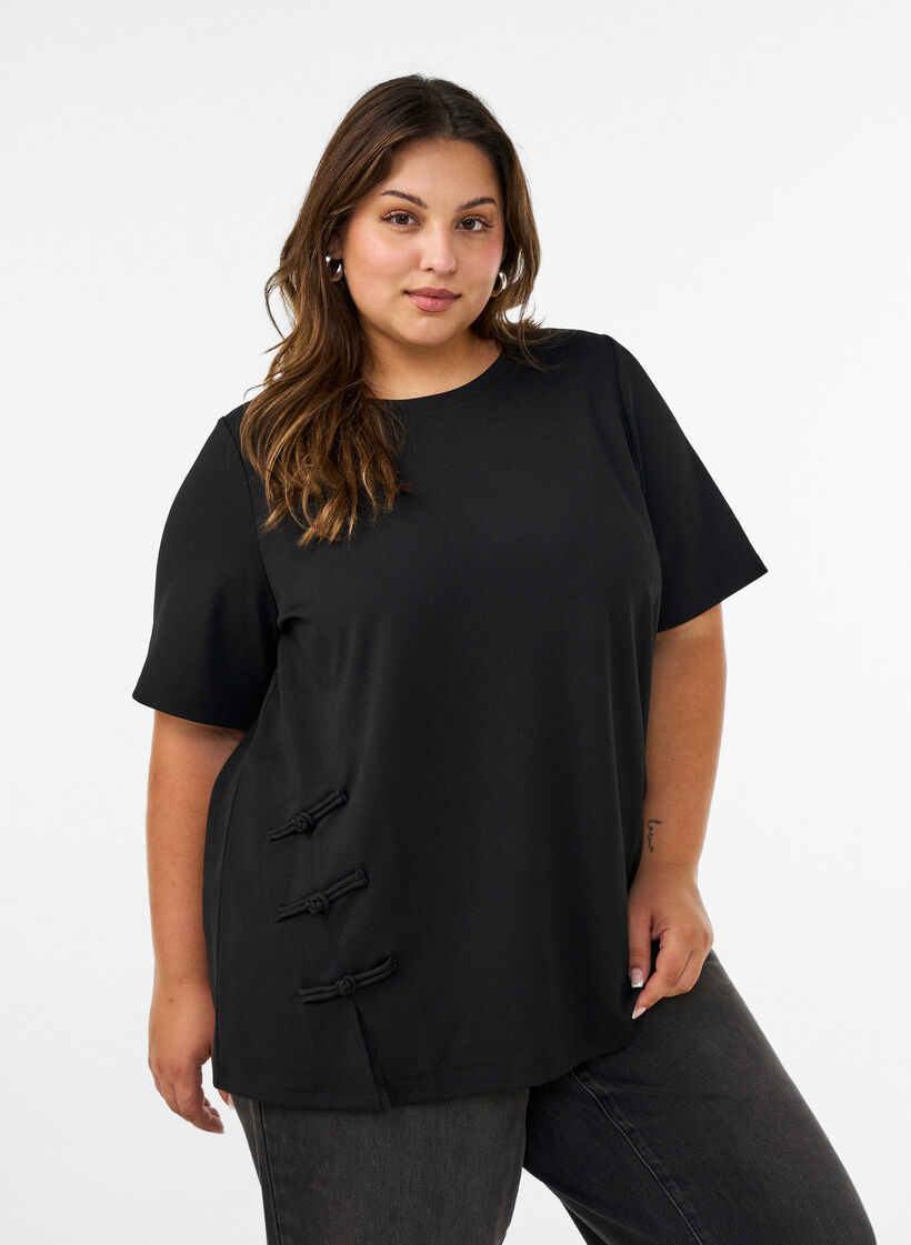 T-shirt with slits and decorative knot closures, Black, Model image number 0