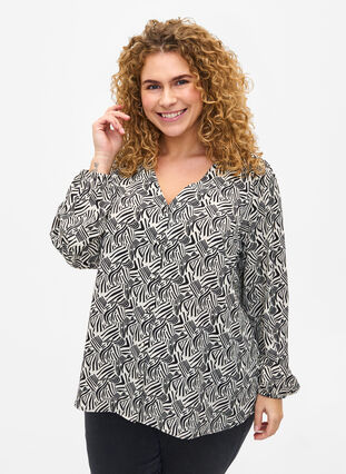 Shirt blouse with v-neck and print, Birch Graphic, Model image number 0