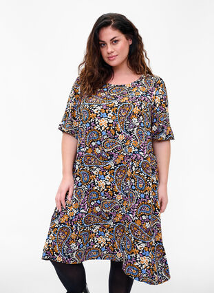 Short-sleeved viscose dress with floral print, Black G. Sky Paisley, Model image number 0